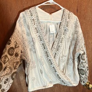 NEW WITH TAGS Free People Embroidered Bell Top, Cream/Earth Tones